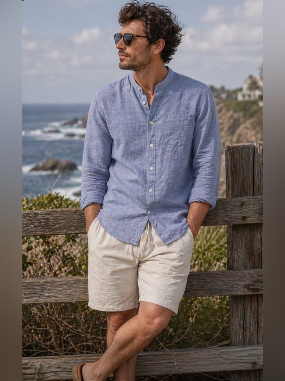 H&M Light Blue Linen Band-Collar Button-Down Shirt